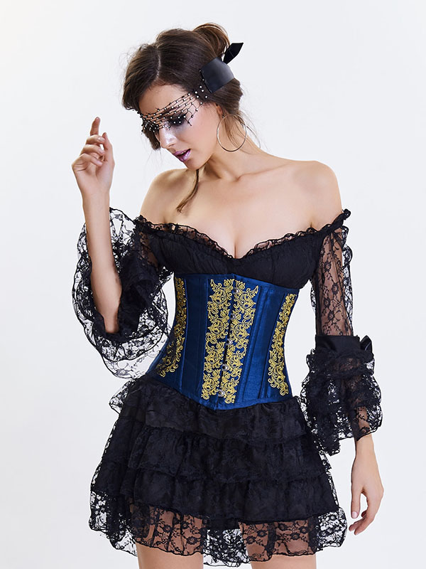 Blue Sexy Embroidery Waist Trainer Underbust Corsets 