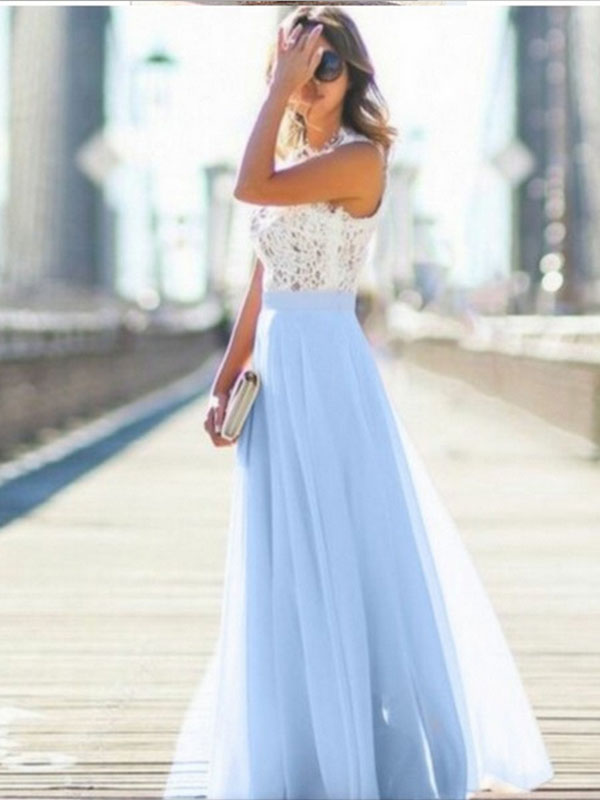Light Blue Elegant Lace Summer Sleeveless  Maxi Evening Dress