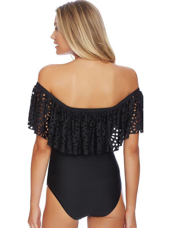 Women Off Shoulder Ruffle One Piece Swimsuit Black