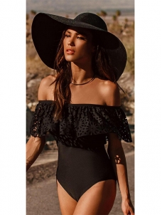 Women Off Shoulder Ruffle One Piece Swimsuit Black