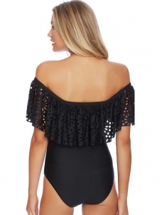 Women Off Shoulder Ruffle One Piece Swimsuit Black