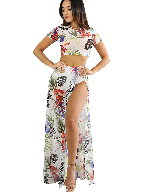 Cap Sleeve Tropical Crop Top & Floral White Print Maxi Skirt