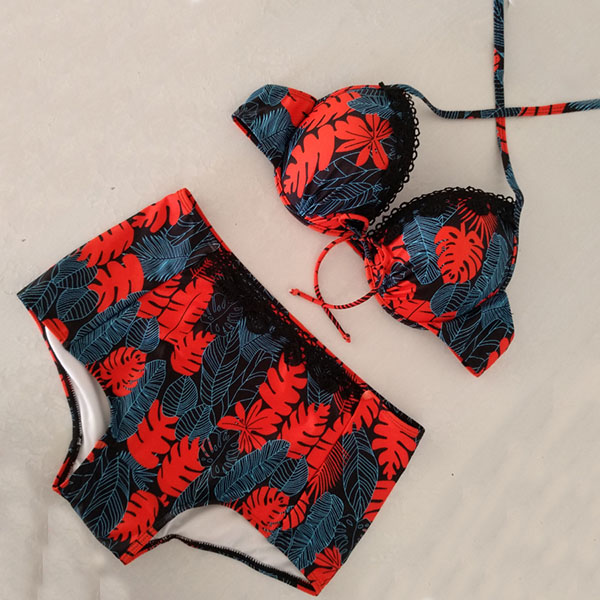 Fashion Hot Red Halter Leaf Print Beachwear Wholesale