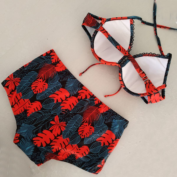 Fashion Hot Red Halter Leaf Print Beachwear Wholesale