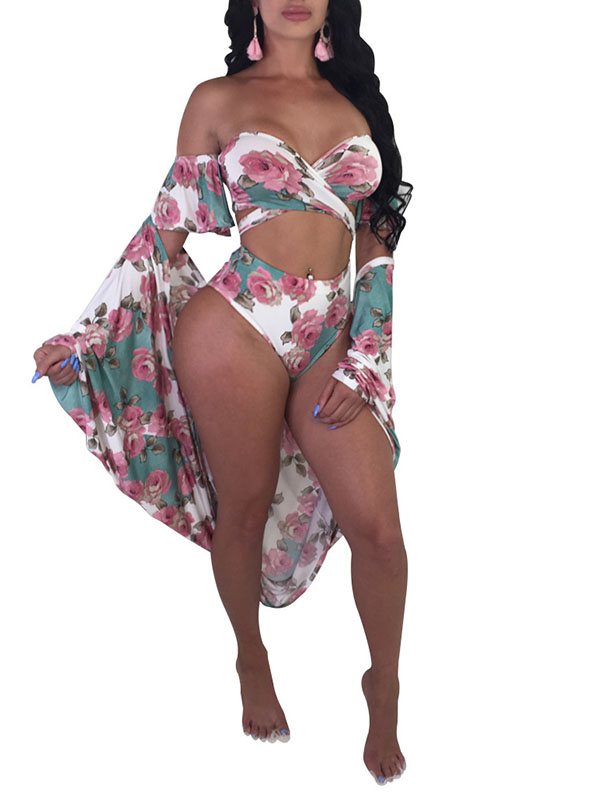 Sexy Women One Piece Flora Pink Print Swimsuit with Coverup