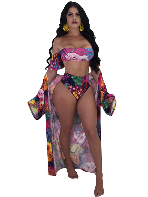 Sexy Women One Piece Flora Red Print Swimsuit with Coverup