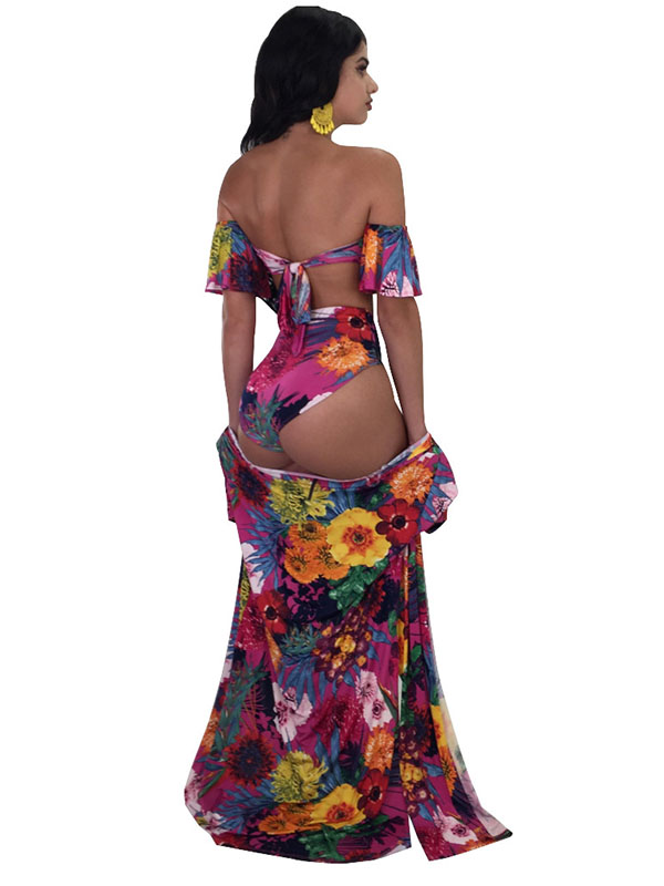 Sexy Women One Piece Flora Red Print Swimsuit with Coverup