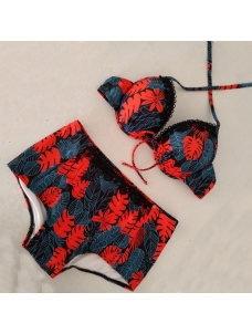 Fashion Hot Red Halter Leaf Print Beachwear Wholesale