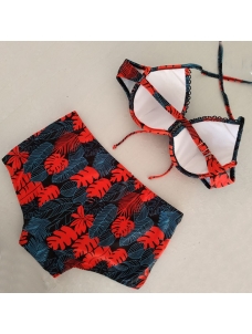 Fashion Hot Red Halter Leaf Print Beachwear Wholesale