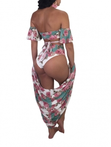 Sexy Women One Piece Flora Pink Print Swimsuit with Coverup