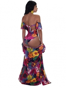 Sexy Women One Piece Flora Red Print Swimsuit with Coverup