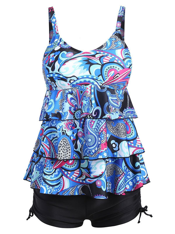 Blue Women Plus Size Flounce Printed Boyshort Tankini Swimwear