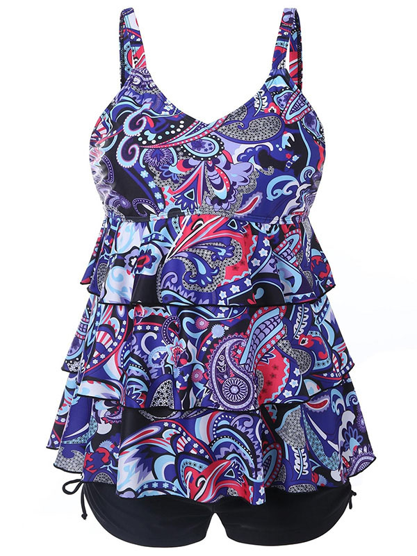 Purple Women Plus Size Flounce Printed Boyshort Tankini Swimwear