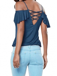 Dark Blue Womens Casual Cut Out Cold Shoulder Ruffle Shirt Tee Blouse