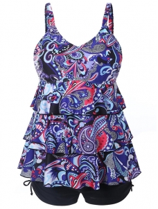 Purple Women Plus Size Flounce Printed Boyshort Tankini Swimwear