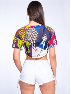 Women Colorful Mesh Character Printed Bare Midriff T-Shirt 