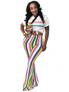 Women Flared High Waist Striped Pants White