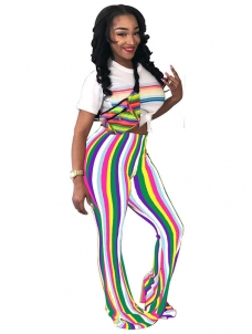 Women Flared High Waist Striped Pants White