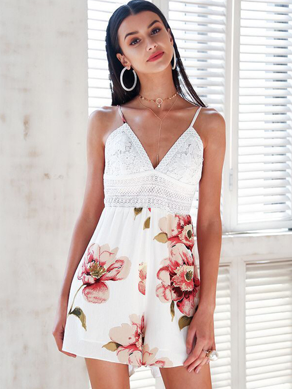 Floral Print Spaghetti Strips  Lace Rompers 