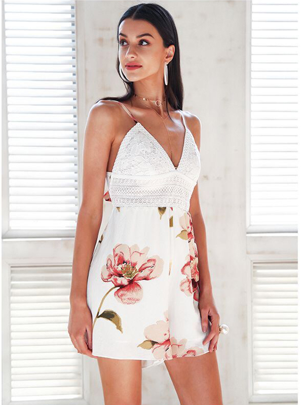 Floral Print Spaghetti Strips  Lace Rompers 