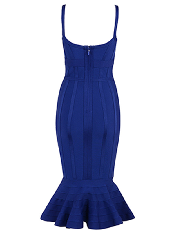 Sexy V-neck Backless Fishtail Bandage Dress Blue