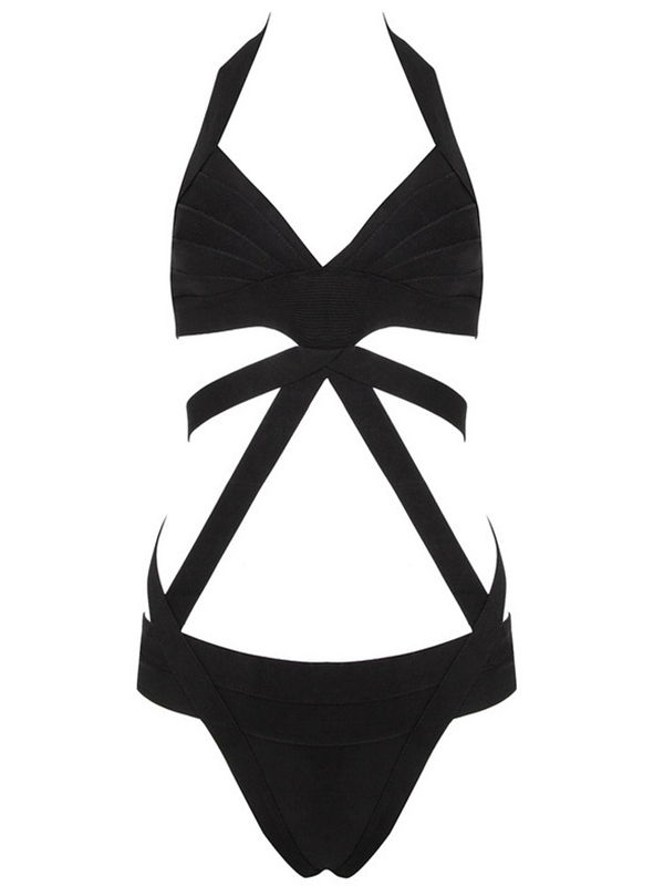 Sexy Halter One Piece Bandage swimwear Black