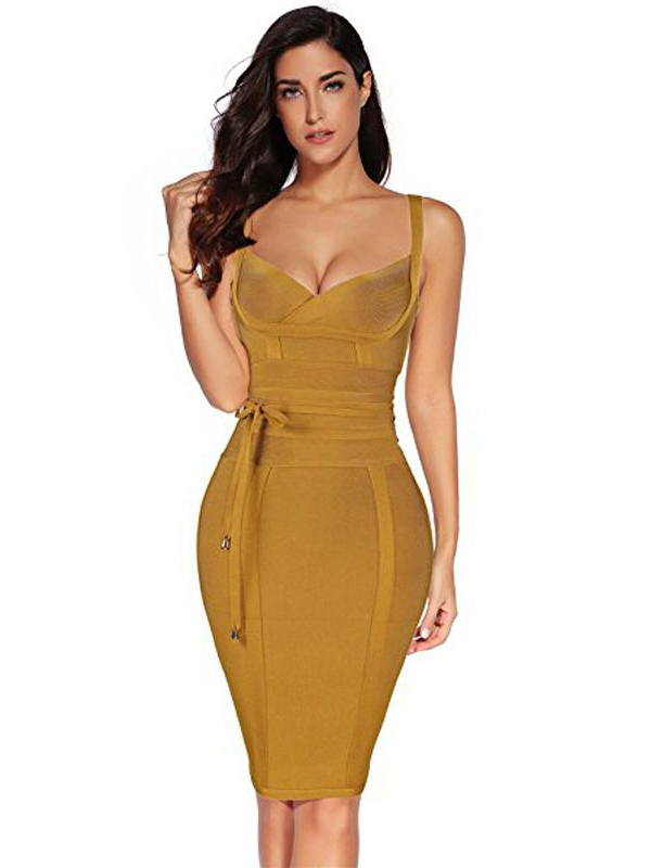 Spaghetti Strap Bodycon Bandage Dress Yellow