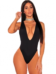 Deep V Neck One Piece Swimwear Black