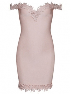 Elegant Solid Lace Bandage Dress Apricot