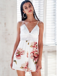 Floral Print Spaghetti Strips  Lace Rompers 