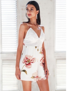 Floral Print Spaghetti Strips  Lace Rompers 