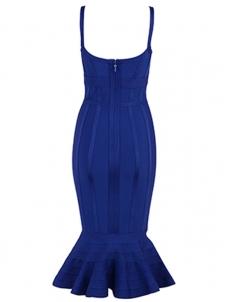 Sexy V-neck Backless Fishtail Bandage Dress Blue