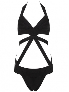 Sexy Halter One Piece Bandage swimwear Black