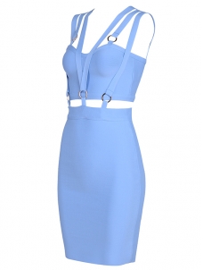 Summer Slim Backless Sleeveless Bandage Dress Blue