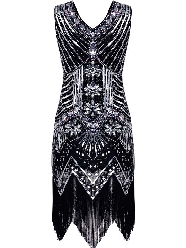 Elegant Cap Sleeve Tassel Sequin Dresses Black