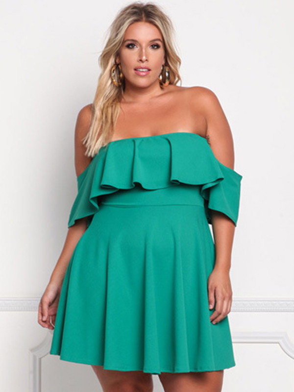 XL-3XL Off Shoulder Plus Size Dress Green