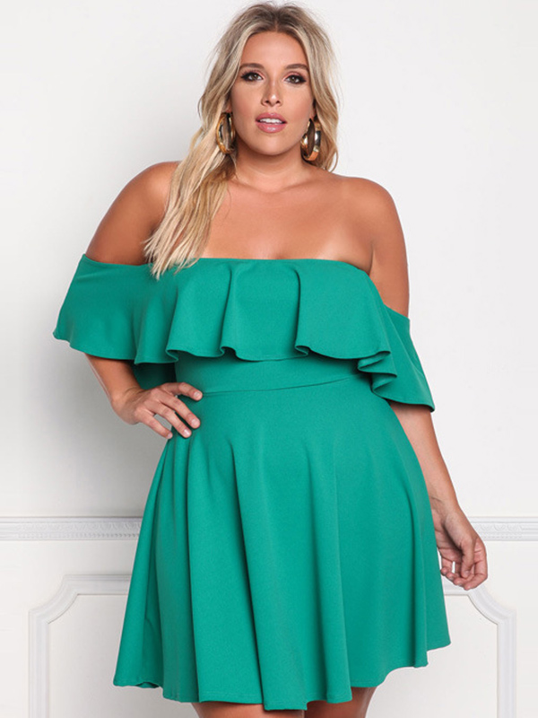 XL-3XL Off Shoulder Plus Size Dress Green