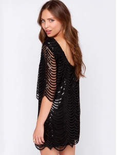Cap Sleeve Tassel Sequin Dresses Black