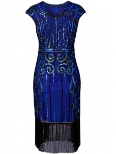 Elegant Cap Sleeve Tassel Sequin Dresses Blue