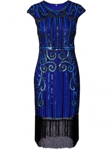Elegant Cap Sleeve Tassel Sequin Dresses Blue