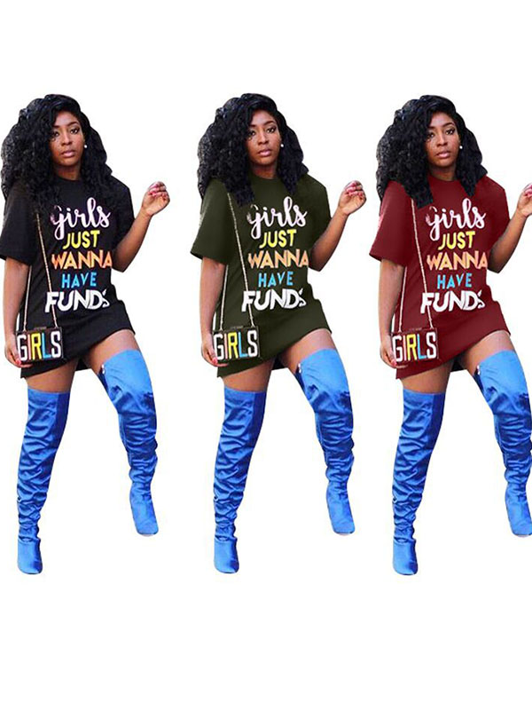 Round Neck Letters Printed Casual Dress