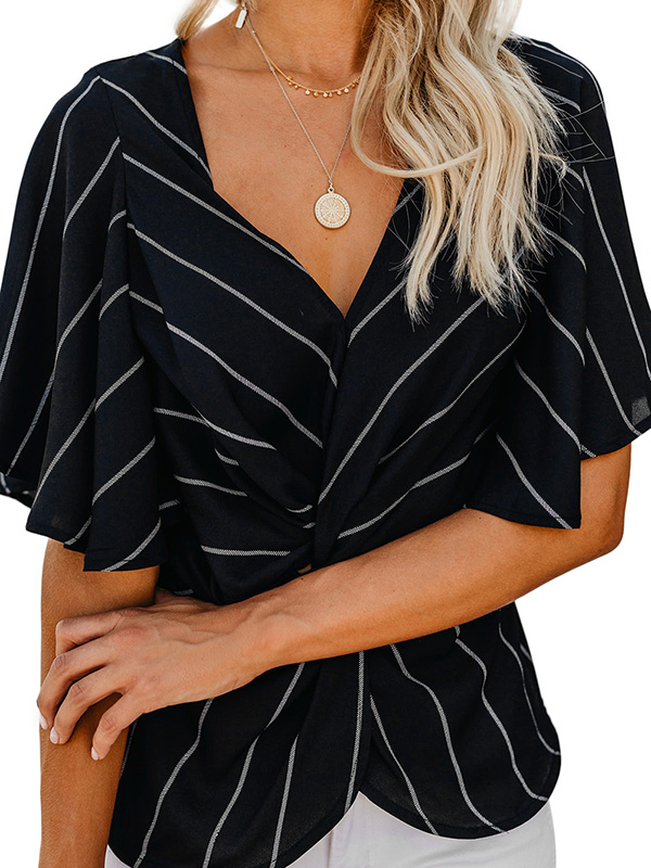 Women Black White Blue Twist Front V Neck Blouse
