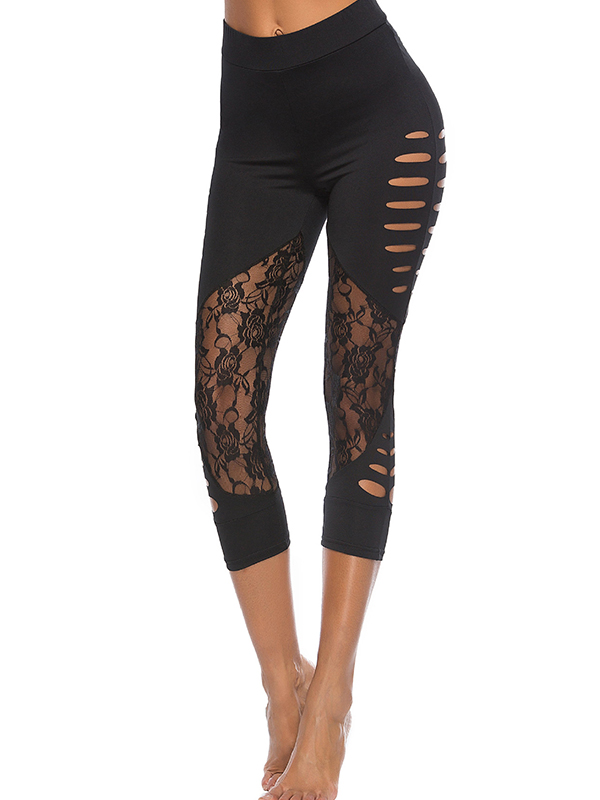 Women Sexy Lace Panel Ripped Leggings