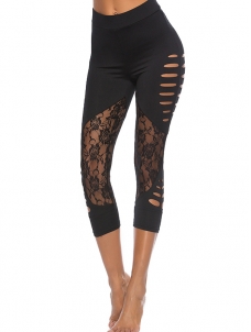 Women Sexy Lace Panel Ripped Leggings