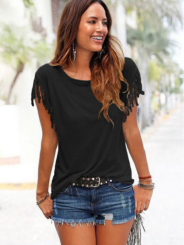 Women Casual Tassels Short Sleeve T Shirt