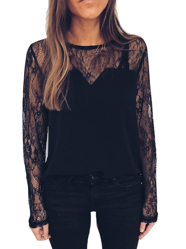 Women Lace Long Sleeve Black Tops