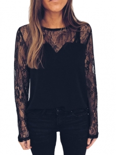 Women Lace Long Sleeve Black Tops