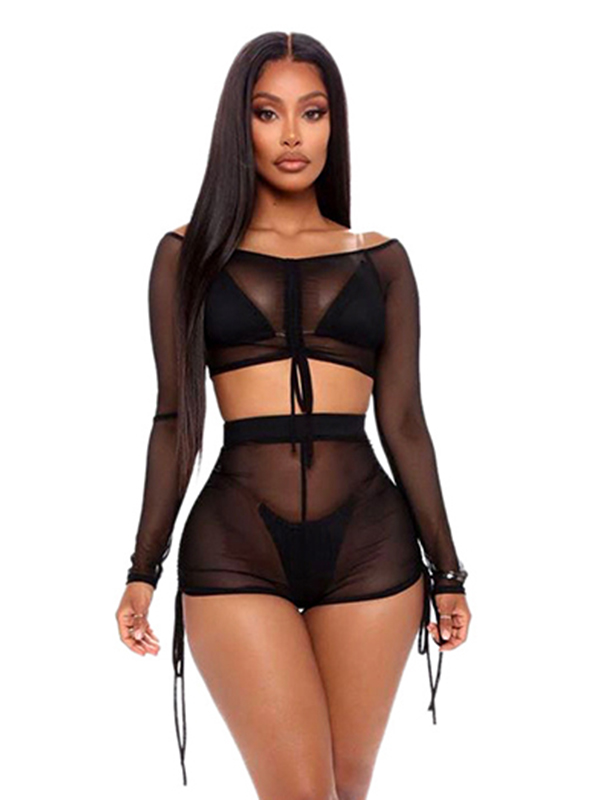Women Black Transparent Long Sleeve Suit