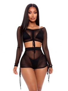 Women Black Transparent Long Sleeve Suit