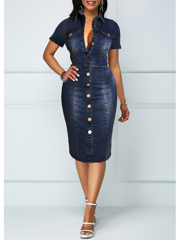 Women Denim Short Sleeve Midi Dress